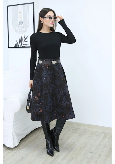 Lodmela Baskılı Ve Kemerli Kadife Etek 6069-kahve/indigo Kahve/indigo