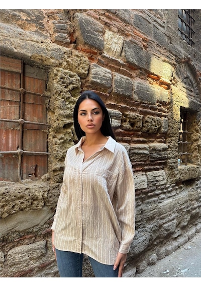 WeShaya Taş Çizgili Oversize Düğmeli Gömlek Taş