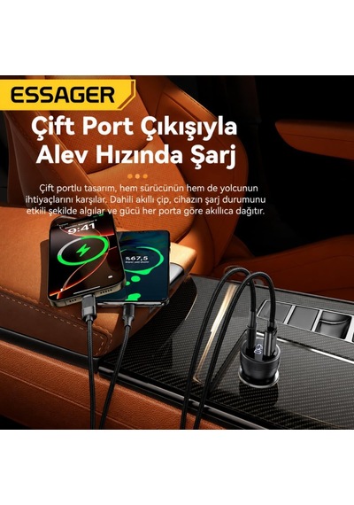 Tr 100w Çift Port Araç Şarj Cihazı Type-c Usb Hızlı Şarj Dijital Voltaj Göstergeli