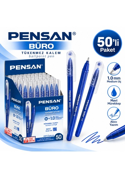2270 Büro Tükenmez Kalem 1.0 Mm Medium Uç 50'li Paket Renk Seçenekli Mavi