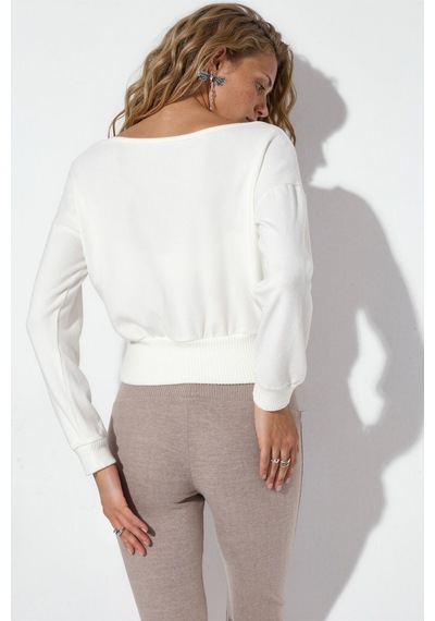 Hiccup Busem Kadın Kısa Bisiklet Yaka Sweatshirt Tozlu Beyaz