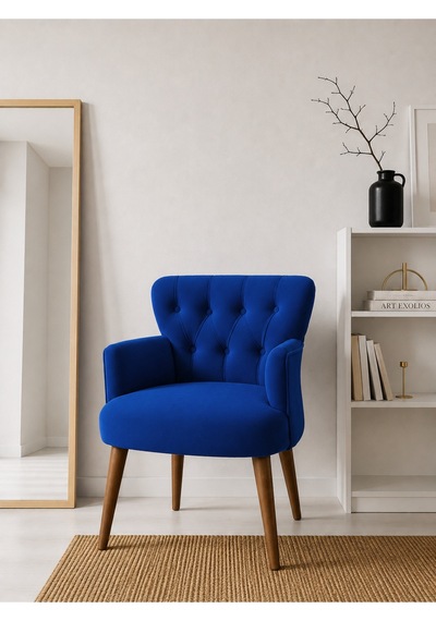 Roma Saks Mavi Babyface Kumaş Berjer Ceviz Ahşap Ayaklı Modern Tekli Koltuk