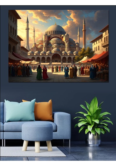 İstanbul Camileri Ve Şehir Kalabalığı Dekoratif Kanvas - Mdf Ahşap Tablo