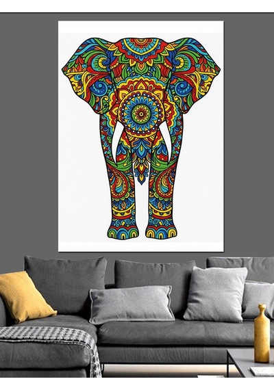 Ahşap Tablo Renkli Mandala Fil Deseni