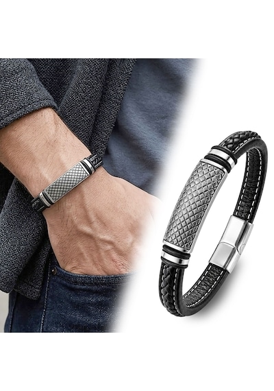 Premium Diamond Grid Desenli Çelik Kilitli Siyah Deri Erkek Bileklik 31831b8d5 - 20 Cm Siyah - Gümüş