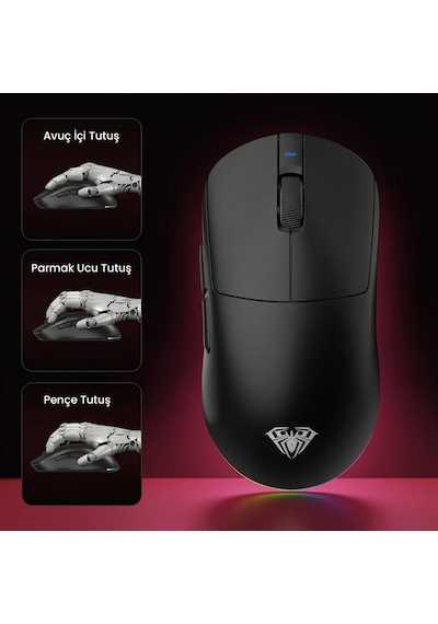 Aula V9 Pro 26000 Dpı Paw3395 Sensör 8000hz Tri-mode Kablosuz Oyuncu Mouse Rgb Omron Switch Lightweight E-spor Gaming Mouse Siyah