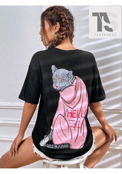 Startmore Leopar Desenli Düşük Omuz Tişört Siyah