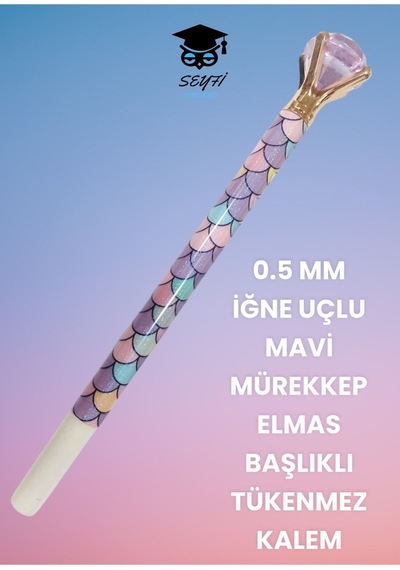 0.5 Mm İğne Uçlu Mavi Mürekkep Elmas Başlıklı Tükenmez Kalem Açık Pembe