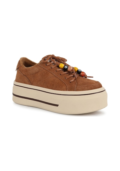 Guja Kadın Sneaker 366-2 Camel Hakiki Dokulu Süet Renkli Boncuk Bağcık Detaylı Yüksek Kalın Platform Taban Rahat Günlük Spor Ayakkabı
