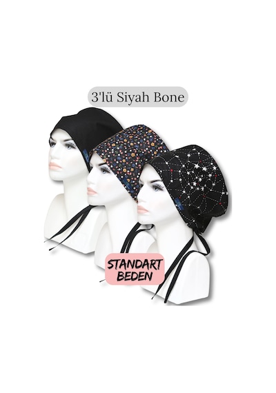 Standart Beden 3lü Siyah Bone Siyah Tek Renk Siyah Çıtır Siyah Takım Yıldızı Cerrahi Bone Renkli