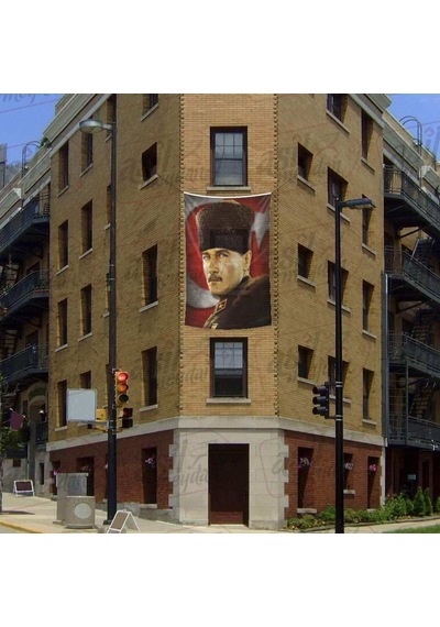 Mavi Gözlü Kalpaklı Gazi Mustafa Kemal Atatürk - Ay Yıldız Poster Cephe Bayrak -200x300cm -2x3metre 1