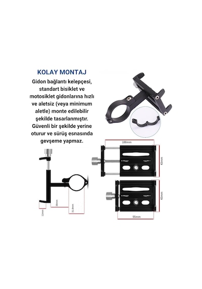 Polham Pro Seri Gidon Uyumlu Motorsiklet Telefon Tutucu, Bisiklet, Scooter Uyumlu Sıkıştırmalı Tutucu Siyah