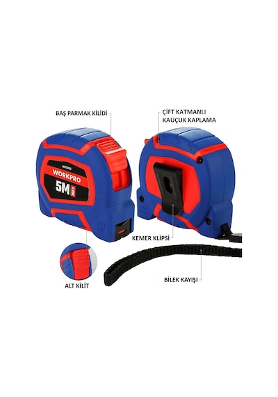 Workpro Wp261009 5mx19mm/16ft. Naylon Kaplama Sarı Çelik Şerit Metre Fr Wp261009 5 M