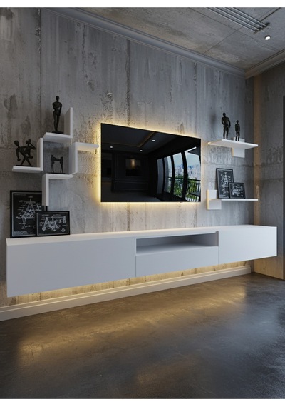 Resital Duvara Monte Ledli 270 Cm Tv Ünitesi Duvar Raflı - Ll6046 Beyaz