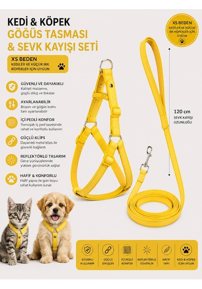 İçi Pedli Reflektörlü Kedi Ve Köpek Göğüs Tasması Sevk Kayışı Seti Xs Beden 120 Cm - Sarı Çok Renkli