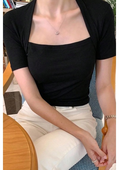 Kadın Haki Kuğu Yaka Slim Kısa Kollu Fit Crop Bluz Siyah