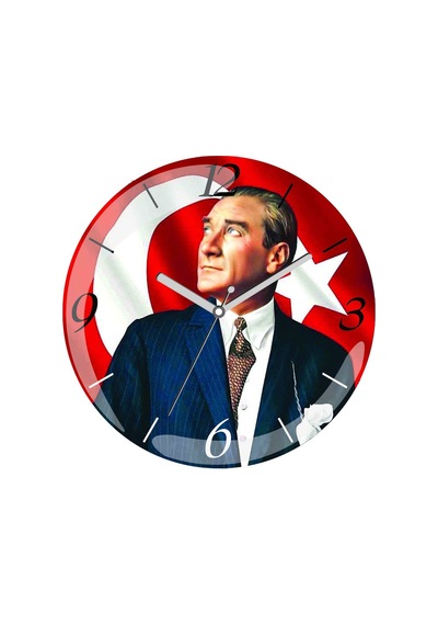 Atatürk Arkada Bayrak Çap 30cm Sessiz Akar Bombeli Gerçek Cam Duvar Saati Çok Renkli