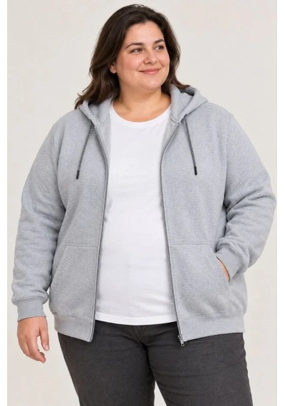 N11 Battal Büyük Beden Üç İplik İçi Şardonlu Kapüşonlu Tam Fermuarlı Kışlık Sweatshirt - Gri