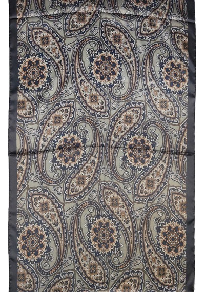 Mim Eşarp Sina İpek Etnik Desenli Jan Jan Şal 75x190 Cm Siyah - Koyu Vizon