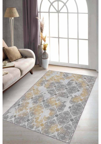 Sarı Damask Desen Kaymaz Tabanlı Dekoratif Halı Al003n11