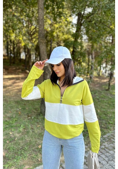 WeShaya Kadın Yağ Yeşili Uzun Kol, Dik Yaka, Fermuarlı, Double Color Block Basic Sweatshirt Bluz Yağ Yeşili WeShaya Kadın Yağ Yeşili Uzun Kol, Dik Yaka, Fermuarlı, Double Color Block Basic Sweatshirt Bluz Yağ Yeşili
