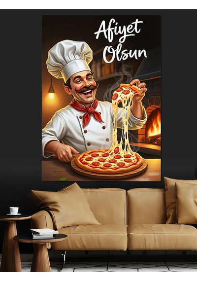Fırında Pizza Yapan Şef Aşçı Dekoratif Kanvas - Mdf Ahşap Tablo