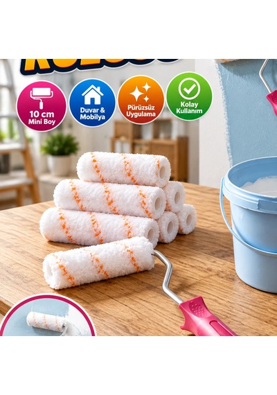 10 Cm Mini Boya Rulosu Seti 6 Yedek Rulolu Duvar Ve Mobilya Boyama Aparatı