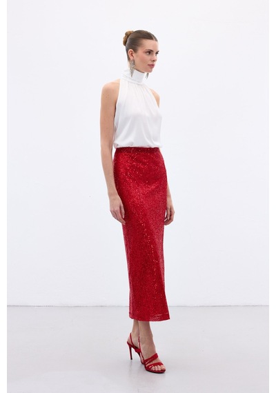 Sateen Karolin Midi Etek - Kırmızı-136653 Kırmızı