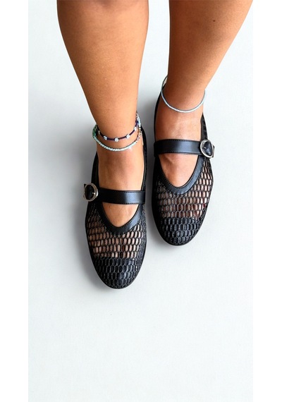 Ne&ve Shoes Siyah File Simli Tokalı Yuvarlak Burunlu Kadın Günlük Rahat Ve Şık Babet