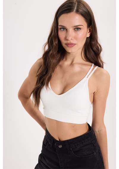 Tudors Kadın Slim Fit Dar Kesim Çapraz Bağlamalı Askılı V Yaka Ekru Crop -51181