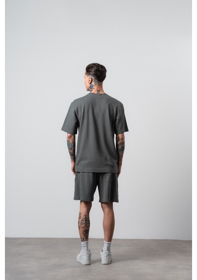 Erkek Pis Dikişli Regular Fit T-shirt Şort Takım Haki