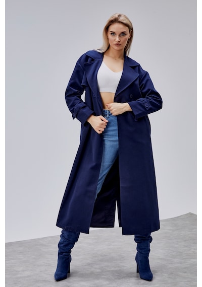 Oversize Rüzgarlık Detaylı Trençkot Lacivert