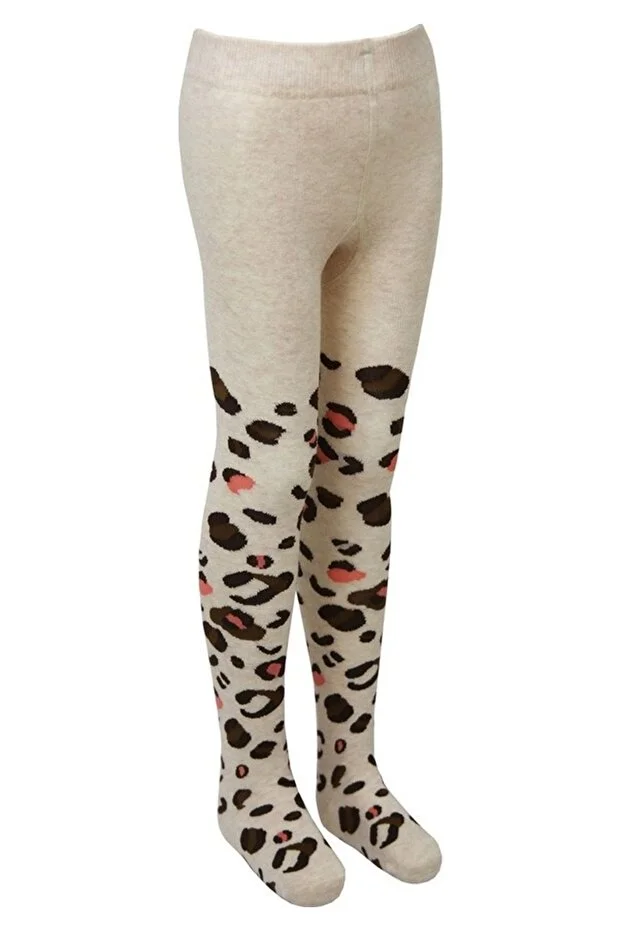 Veraye Socks Leopar Desenli Kız Çocuk Külotlu Çorap Açık Gri Krem-siyah-gri