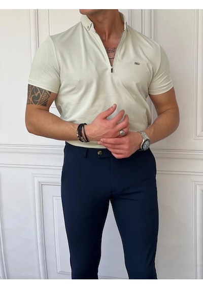 Modefendi Pamuk Likra Slim Fit Kalıp Bebe Yaka Fermuarlı Tshirt Bej