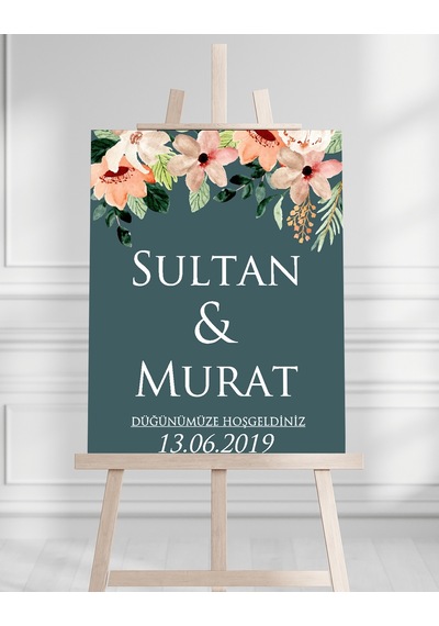 Söz Nişan Düğün İçin 50x70 Karşılama Panosu - Renkli Çiçek Tasarımlı 004 Beyaz