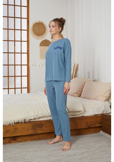 Siyah İnci Love Nakışlı Fitilli Örme Pijama Takım25226001 İndigo
