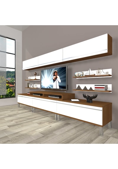 Decoraktiv Ekoflex 8y Mdf Krom Ayaklı Tv Ünitesi Tv Sehpası Ceviz - Beyaz