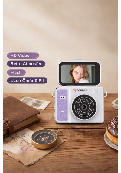 Torima CMR46 Mini Dijital Kamera 2K Flip Ekranlı Selfie Video Vlog Kamerası Mor