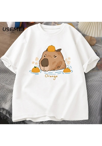 Startmore Capybara Portakallar İle Yüzme T-shirt Boy T Shirt Unisex Pamuk Shrot Kollu Karikatür Hayvan Beyaz