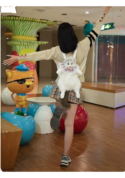 Mumicemum Kedi Sırt Çantası Büyük Boy Beyaz Peluş Fermuarlı Çocuk Sırt Çantası