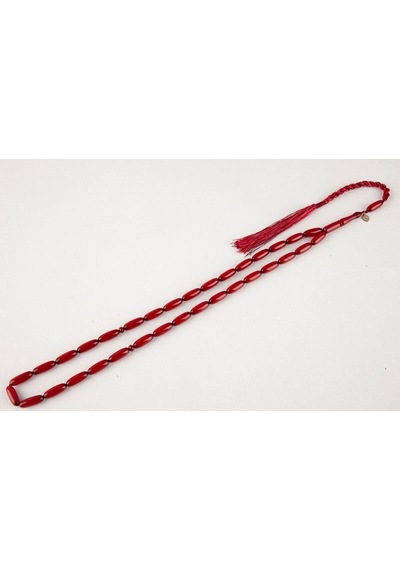 Lapisdo Sıkma Kehribar Uzun Arpa Kesim 7x12mm Tesbih – Kırmızı