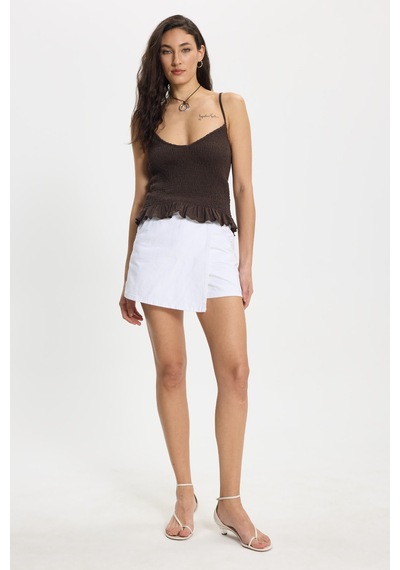 Tudors Kadın Slim Fit Dar Kesim %100 Pamuk Askılı Büzgülü V Yaka Kahverengi Bluz-50371