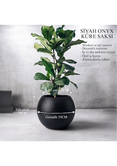Zevli Dekoratif 27l Küre Saksı Ø35 Cm Siyah Beton Görünümlü Modern Salon Ve Bahçe Saksısı 001