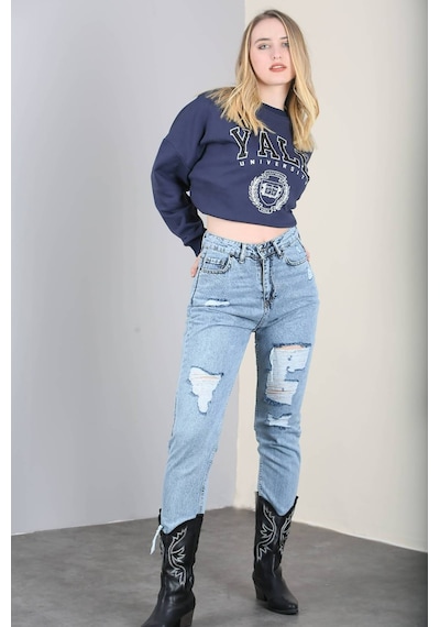 Madmext Mad Girls Mavi Yırtık Mom Jean Mg1163-Mavi