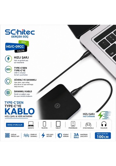 Schitec 60w Type-c To Type-c Hızlı Şarj Ve Data Kablosu Siyah 1m Hg/c-09cc