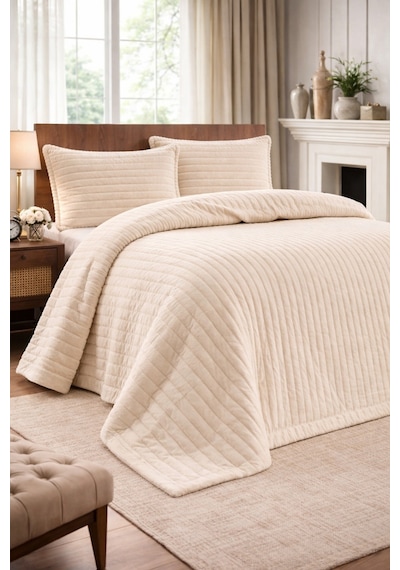 Modern Line Premium 3 Parça Battaniye Seti Özel Çantalı 220x240 Cm Yastık Kılıfı 50x70 Cm 2 Adet Ekru