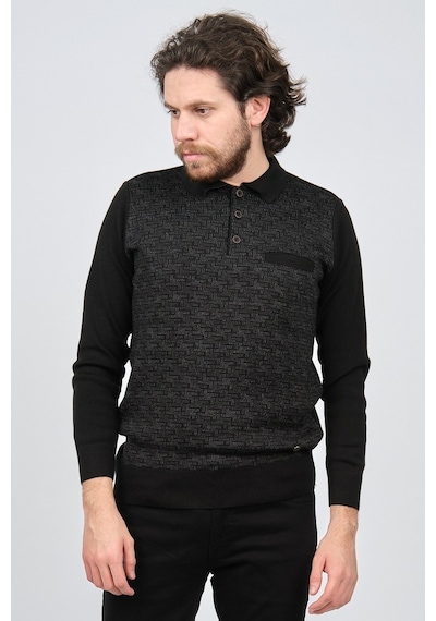 Çizgi Triko Erkek Cep Detaylı Polo Yaka Desenli Kazak 42544230 Si Siyah
