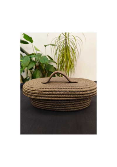 Hasır Jüt Sepet Oval Kapaklı Organizer Düzenleyici 30x20x10 Cm Haki Yeşil Haki Yeşil
