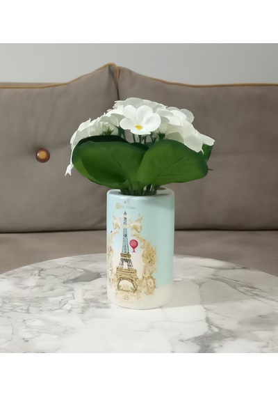 Vazoda Beyaz Yapay Çiçek Dekoratif Romantik Yeşil Model Vazo Dahil 7 x 7 x 16 CM