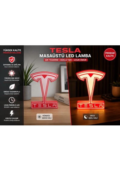 Tesla Masa Lambası , Tesla Logolu Led Işıklı Masa Lambası , Tesla Gündüz Gece Masa Lambası Siyah